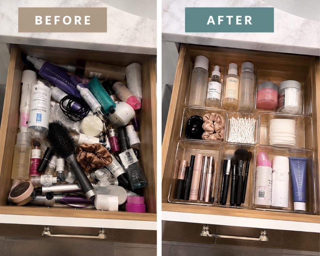 Before and after: a chaotic bathroom drawer transformed into a neatly organised space with clear dividers