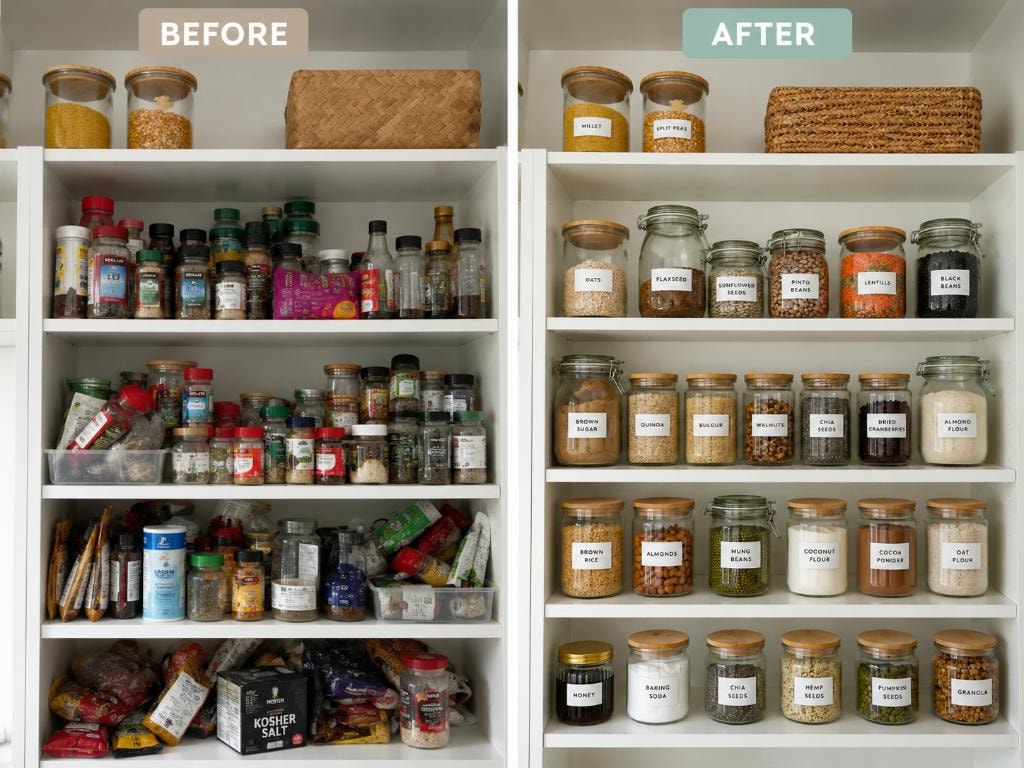 A beautifully organised coffee station with mugs on open shelves, labelled syrups, and a DeLonghi espresso machine on a marble countertop