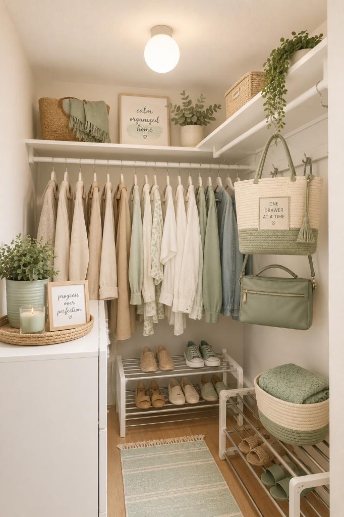 Tidy, organized closet with neatly folded clothes in calm neutral tones