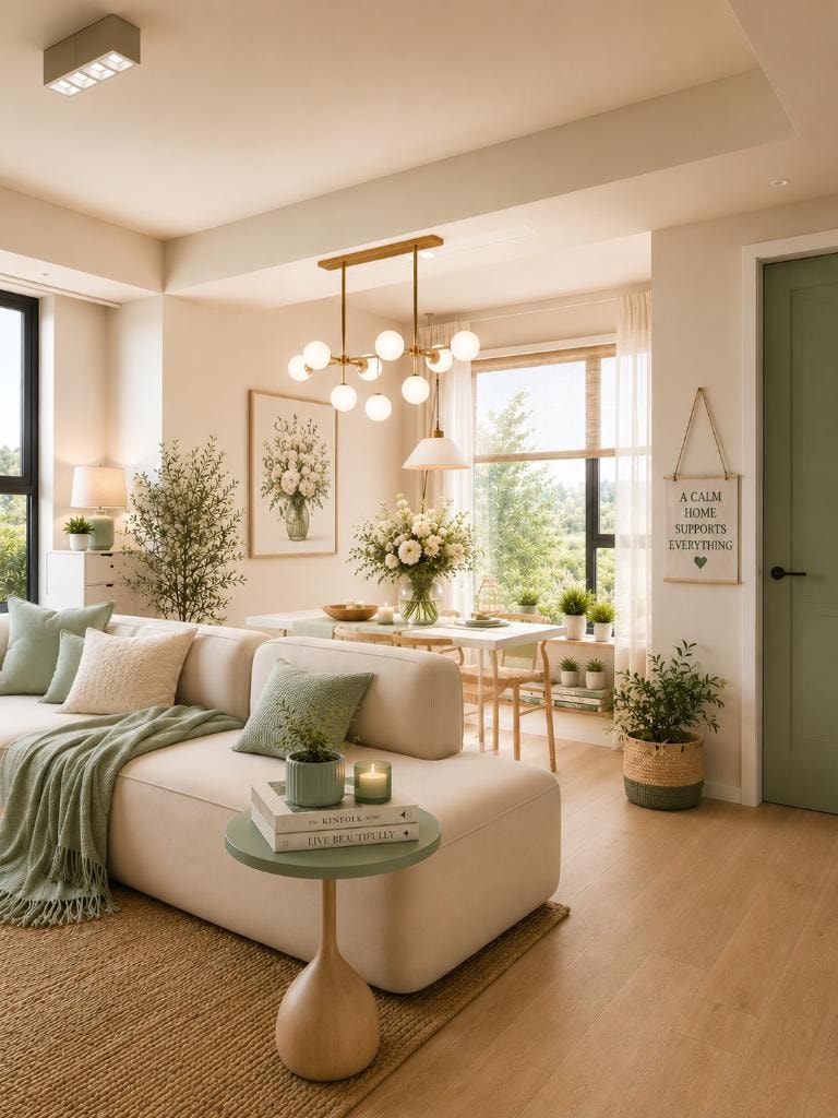 Warm, sunlit organized living room with calm minimal styling